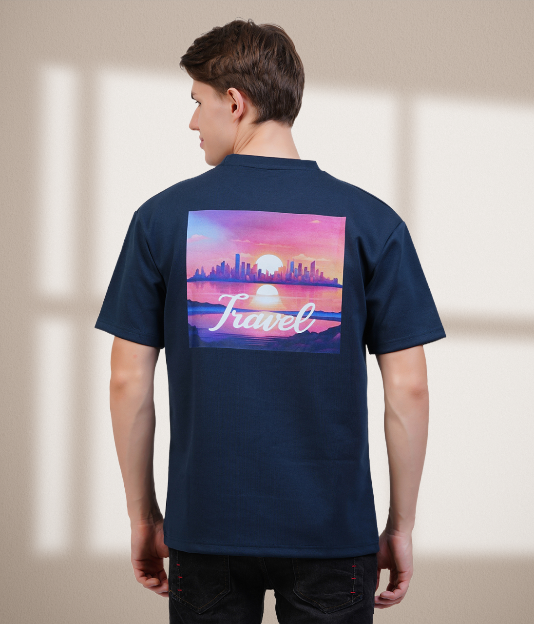 Travel Themed Blue Oversized T-Shirt